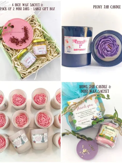 A variety of birthday gift options, including large peony jar candles, mini gift sets with wax sachets, and layered jar candles. This demonstrates the wide range of products and price points available.
