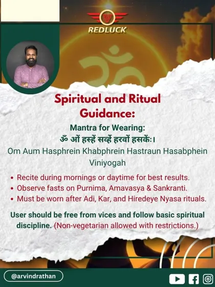 This image details the spiritual and ritual guidance for the 14-Mukhi Rudraksha. The mantra should be recited in the morning, and observing fasts on Purnima or Amavasya can amplify its protective effects.