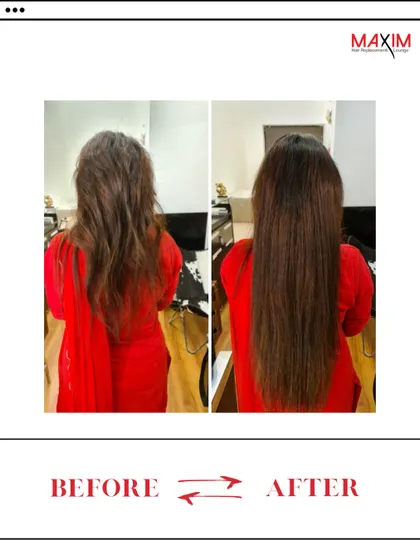 A classic transformation that adds both length and body. The 'after' result is sleek, straight hair that has movement and a healthy shine, thanks to high-quality extensions.