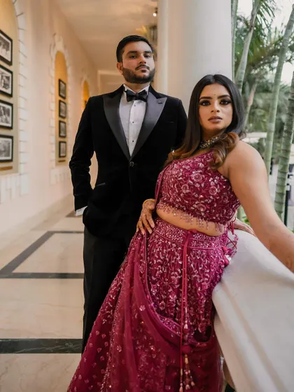 A stunning reception look at the Taj Westend. We use dramatic lighting and elegant backdrops to create sophisticated and timeless portraits for your evening events.