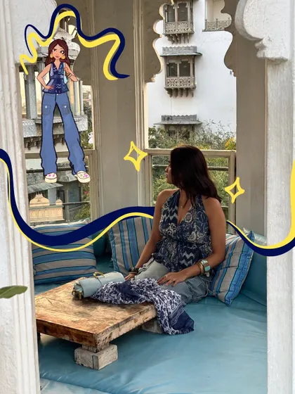 Rocking the blues in Rajasthan with my cartoon double. I match the colors and style of your outfit to create a cohesive look.