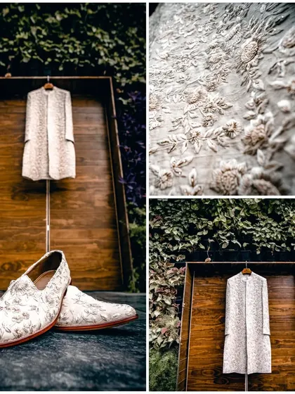 A collage dedicated to the groom's attire, showing his intricately embroidered sherwani and matching shoes.