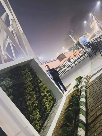 Another perspective of the Nehru Stadium project, showcasing the clean white frame that encases the living wall.