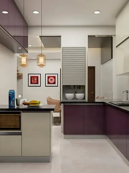 This compact L-shaped kitchen uses deep purple and off-white cabinets to create a unique and stylish space. The open pass-through to the dining area makes the room feel larger and more connected.