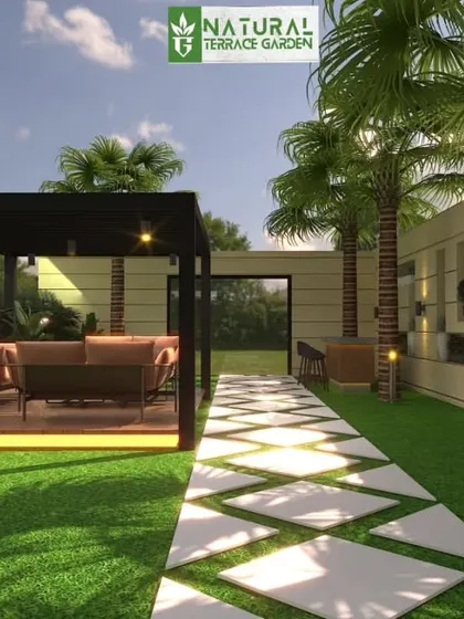 A perspective view of the proposed front yard landscape. The design uses a combination of a stone pathway, artificial grass, and tall palm trees to create a resort-like feel.