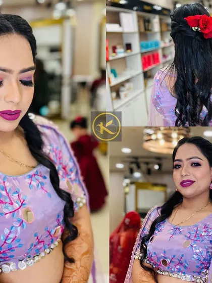 This client chose a bold purple lip to go with her lavender outfit. The collage also shows her beautiful braided hairstyle with red roses.