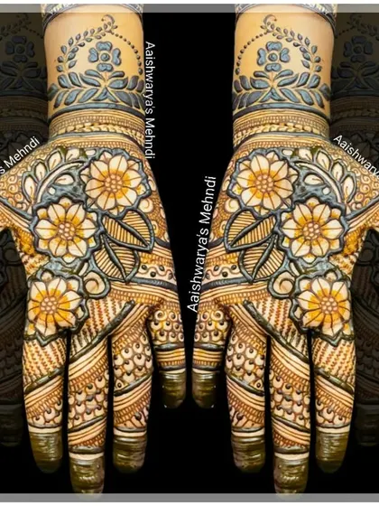 A stunning floral design with bold, colorful flowers on the palms. The use of shading gives the flowers a beautiful, three-dimensional effect.
