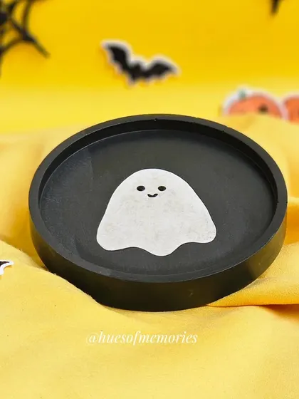 Another view of the ghosty trinket tray, showing its cute and friendly face. It's made from non-toxic, water-based resin.