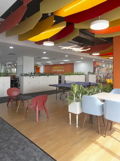 A recreational area at Scientific Games complete with a ping-pong table. We designed this space to be open and accessible, encouraging employees to take active breaks and socialize with colleagues.