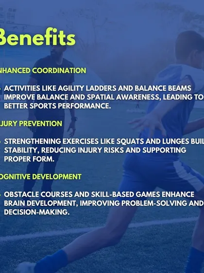 This infographic outlines the benefits of mastering Fundamental Movement Skills. We detail how our training enhances coordination, prevents injuries by building stability, and improves cognitive functions like decision-making through skill-based games.