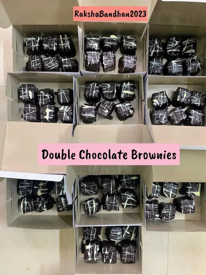 Boxes of Double Chocolate Brownies packed for Raksha Bandhan 2023.