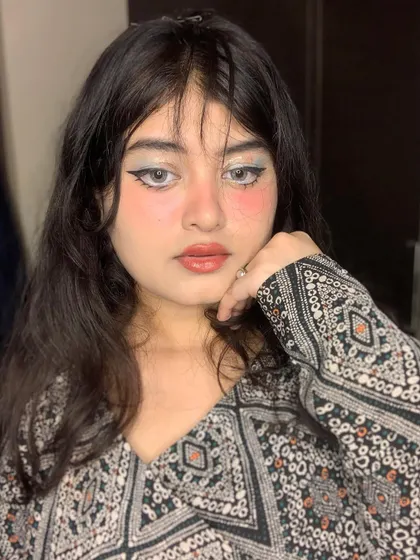 A close-up of the anime-inspired makeup with a heavy blush application across the nose and cheeks.