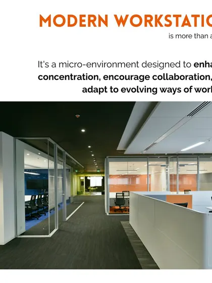 A modern workstation is more than a desk; it's a micro-environment. This image shows how we design for concentration and collaboration, using glass partitions to maintain an open feel while providing acoustic separation.