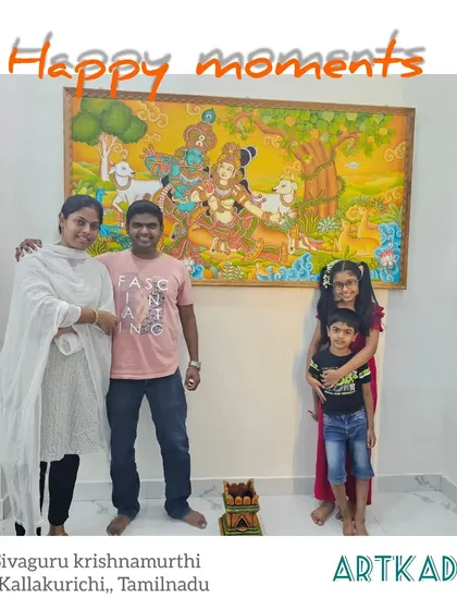 A happy moment with my clients, the Sivaguru Krishnamurthi family in Kallakurichi, Tamil Nadu. Their joy in receiving the Radhakrishna mural is my greatest reward.