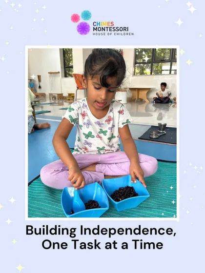 A child works with transferring beans from one bowl to another, an activity that builds fine motor control, concentration, and left-to-right movement for reading.