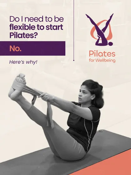 A common question we hear is, "Do I need to be flexible to start Pilates?" The answer is no. This image shows a modified stretch, demonstrating how we use props to help you build flexibility at your own pace.