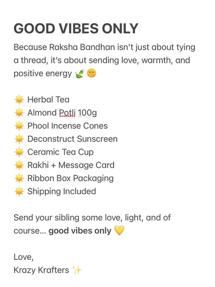 A list of all the thoughtful items included in our 'Good Vibes Only' Rakhi hamper.
