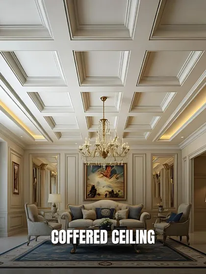 A coffered ceiling, with its grid of recessed panels, adds a sense of grandeur and architectural detail, perfect for a formal living or dining room.