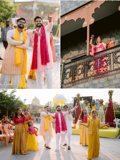 A collage showcasing the groom's energetic dance performance and the bride's grand entry.