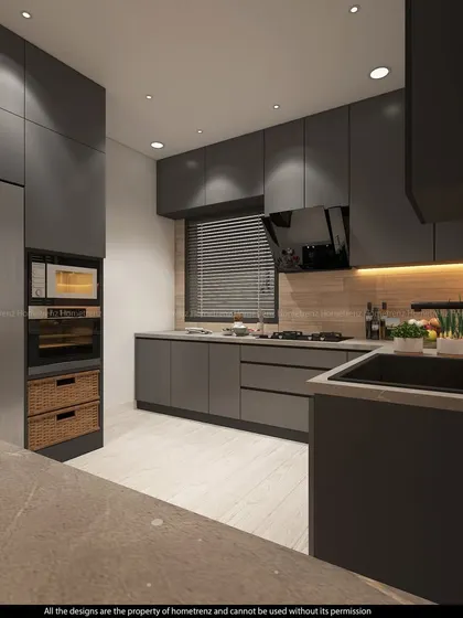 Another angle of the matte grey kitchen, showing the sink area and the texture of the countertop. The black faucet and hardware add a touch of modern contrast.