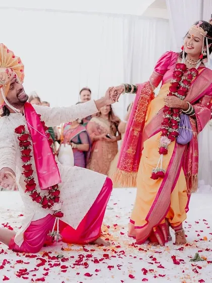 A beautiful, candid moment from actor Prathamesh Parab's Maharashtrian wedding that we had the honor of organizing. Capturing the joy and tradition of the ceremony is what we do best.