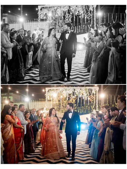 A collage of the couple's reception entrance, shown in both black and white and color to highlight the emotion and atmosphere.