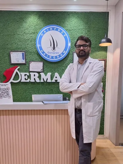 A photo of my colleague, Dr. Manish Jangra, at the reception of our clinic. We are proud of the professional and welcoming space we have created for our patients.