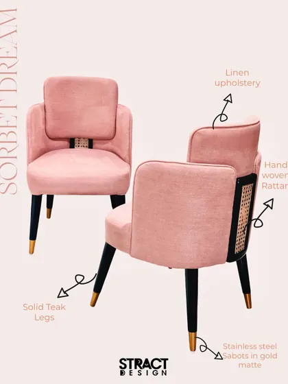The "Sorbet Dream" chair, a mid-century inspired design in pink linen upholstery with solid teak legs, hand-woven rattan details, and gold-matte sabots. A truly elegant and detailed piece.