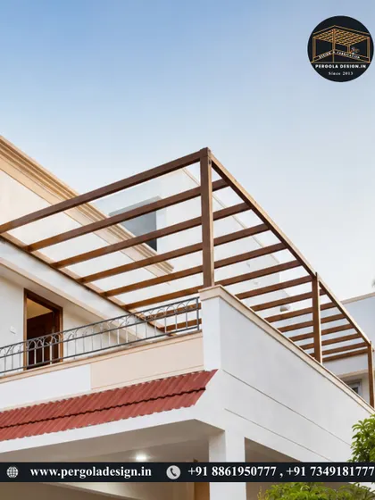 The completed terrace pergola, now with a glass roof installed on the wood-finish aluminum frame, creating a sleek and modern look.