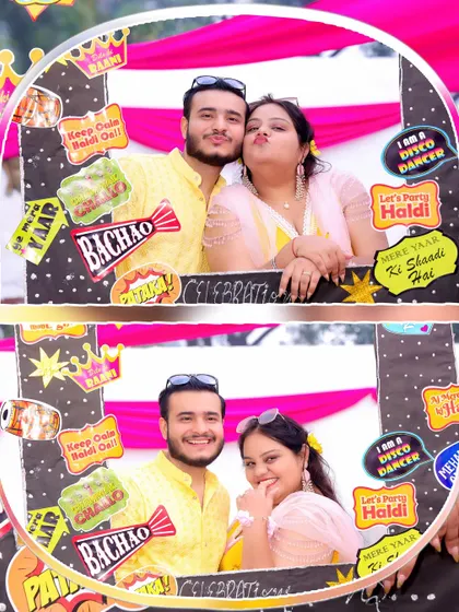 A fun photo-booth moment of the couple at their Haldi party, full of playful expressions.