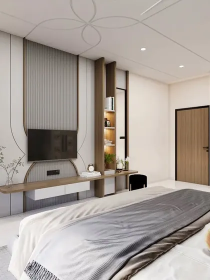 A 3D concept of a bedroom TV wall with a unique, asymmetrical design. The fluted and curved panels create a sense of movement, while the integrated shelving adds a functional display area.