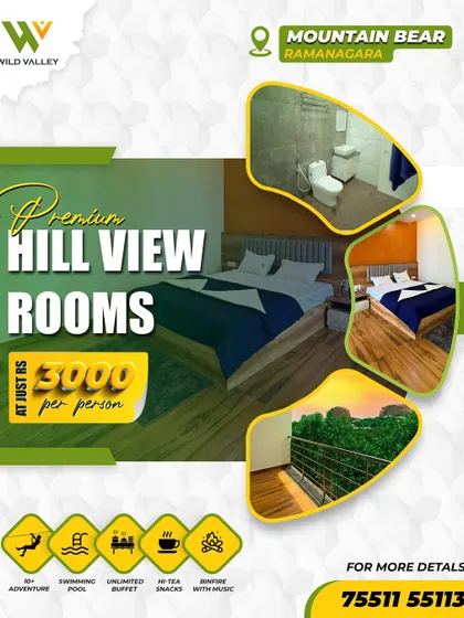 Our premium hill view rooms at Mountain Bear, Ramanagara, offer a perfect blend of comfort and breathtaking views, starting at just 3000 per person.