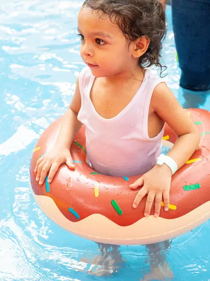 This little one looks so cute and content floating in a donut ring. Our pool parties are perfect for toddlers too.