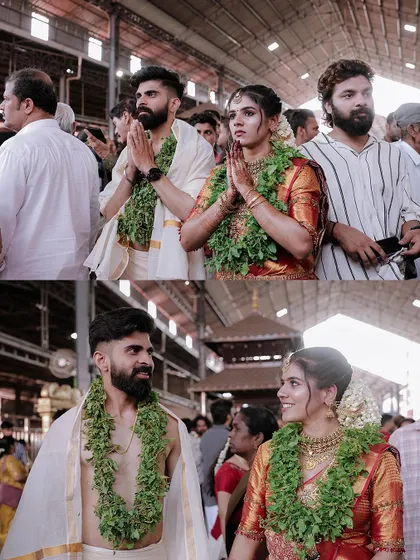 A collage of candid moments from a temple wedding ceremony, showing the couple praying and interacting.