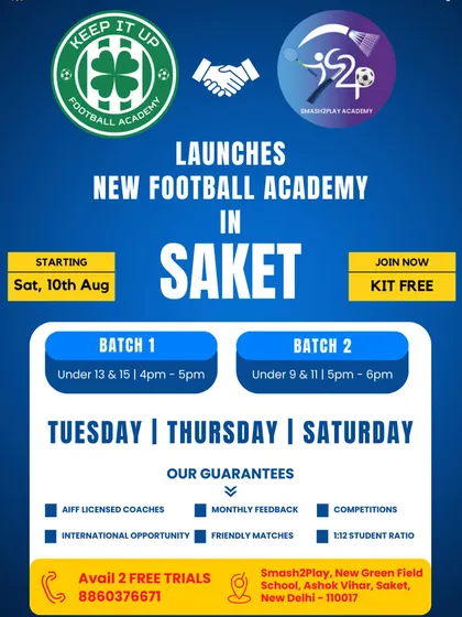 My announcement for the launch of football training at my Saket branch. I provide free trial classes to help new players experience my coaching style and state-of-the-art facilities before they enroll.