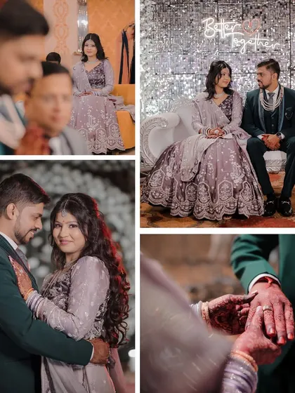This collage captures the key moments of an engagement or Sangeet ceremony. It shows the ring exchange, the couple seated on a beautiful stage, and romantic portraits, all under a "Better Together" neon sign.