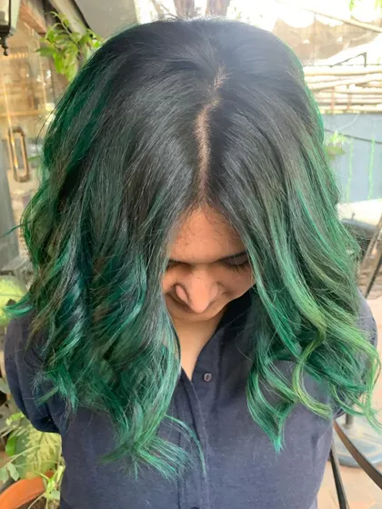 Emerald green. A bold and beautiful green balayage. This is a bleach color. (No filter)