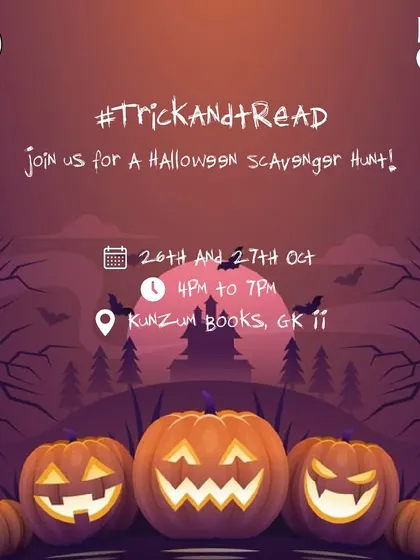 Trick and Read! We combined the fun of Halloween with the love of books in our spooky scavenger hunt. This poster announced our two-day event, inviting kids to solve clues around the bookstore.
