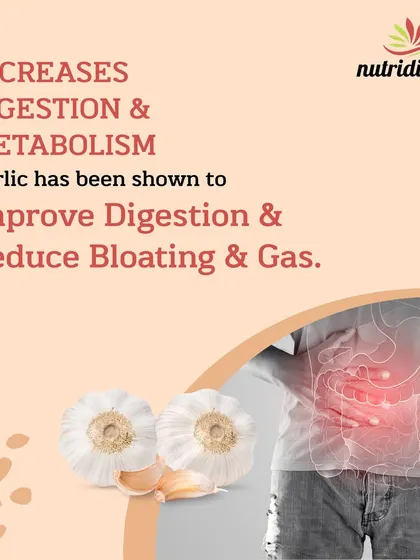 Garlic has been shown to improve digestion and metabolism. This graphic explains how it can help reduce bloating and gas.