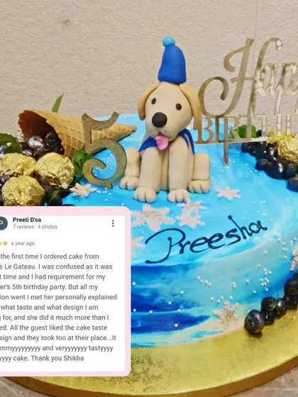 For a 5th birthday, we designed this fun cake with a fondant puppy topper. The client was new to us and a bit confused, but we guided her through the process, and she was thrilled with the result!