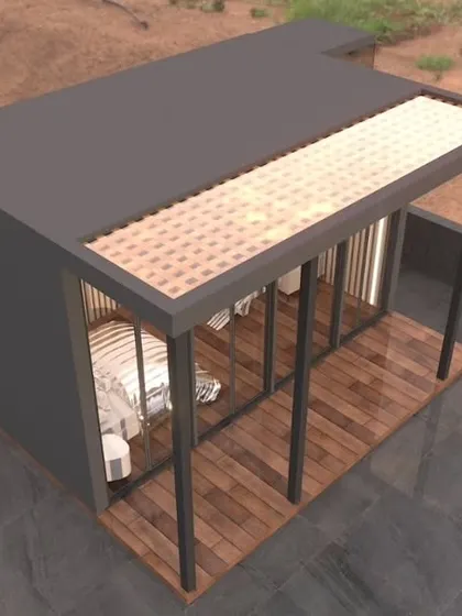 An alternate isometric view of the glass house design. This helps visualize the building's footprint and its placement on the terrace.