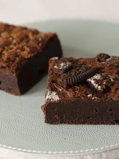 Another look at our brownie selection, showcasing the rich texture of our Oreo brownie and another classic flavor.