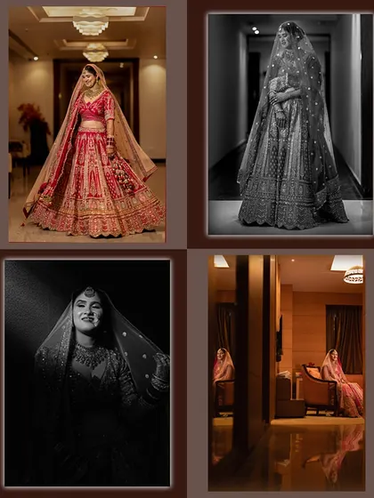 A quad-collage of the bride, showing her in different moods and lighting, including some beautiful black and white portraits.