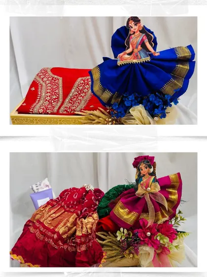 Two examples of our creative saree draping for Teej and Sinjara hampers. The top features a red suit set with a blue draped doll, while the bottom shows a traditional red bandhani outfit with a multi-colored floral arrangement.