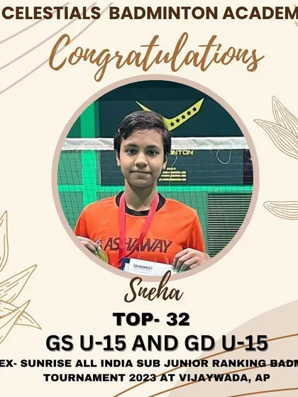 A graphic celebrating our player Sneha's achievement of reaching the Top 32 in both Girls Singles and Girls Doubles U-15 at the Yonex-Sunrise All India Sub Junior Ranking Tournament.