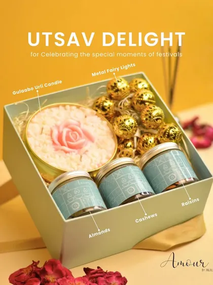An infographic-style look at my Utsav Delight Gift Box. It highlights each component: the Gulaabo Urli Candle, golden metal fairy lights, and jars of almonds, cashews, and raisins, showing exactly what makes this hamper a perfect festive gift.