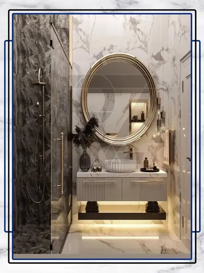 This conceptual design for a bathroom showcases a floating vanity with under-lighting, a large round mirror, and a walk-in shower with black marble. It's modern luxury at its finest.