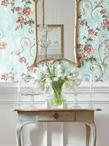 A classic room setting with a blue and pink floral vine wallpaper, perfect for an elegant entryway.