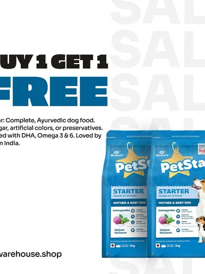 For the youngest pups, our Petstar Starter food is also on a Buy 1 Get 1 Free deal. This complete Ayurvedic dog food is fortified with DHA and Omega 3 & 6 for healthy development.