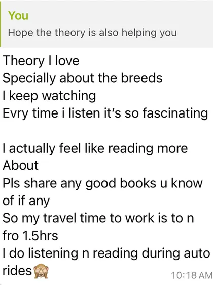 A duplicate image of a client's message about how much she is learning from the theory portion of my online workshop.